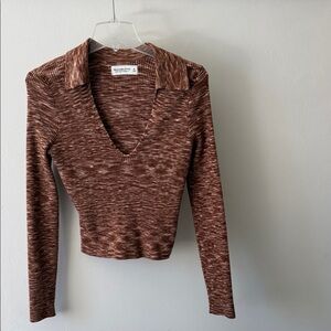 Abercrombie & Fitch Brown Spacedye Fitted Collar Long Sleeve Knit Top